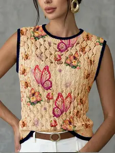 Women's Butterfly Floral Print Round Neck Sweater Vest, Casual Sleeveless Knit Top for Spring Summer Fall, Breathable Color Block Design