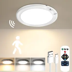 Motion Sensor Ceiling Light – Rechargeable Wireless LED Ceiling Light with Remote, 3 Color Modes & 10 Brightness Levels. Magnetic Battery-Powered Light for Closet, Shower, Hallway, Pantry, Shed, Garage & Stairs, No Wiring Required