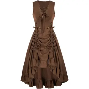 Medieval Women Renaissance Lace-Up Vest Dress Irregular Hem Dress Sleeveless Sweetheart U-Neck Gothic Pirate Cosplay Costume