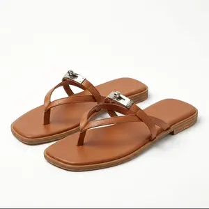 Women's Metal Buckle Thong Slide Sandals, Minimalist Square Toe Flat Flip Flops