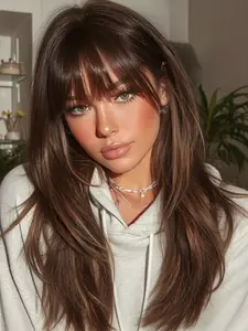 20 Inch Wig with Bangs, Highlights Medium Length, Synthetic Material Wigs, Straight Layered Wigs, Natural Looking Wig, Comfortable Natural Rose Net, Heat Resistant, Festival Mother's Day Gift