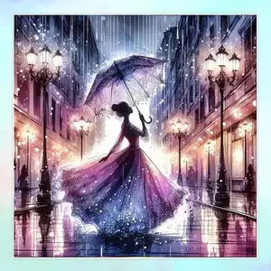 5D DIY Full Drill Round Diamond Painting Kit - Elegant Woman, Umbrella, Street Lamp Mosaic, Canvas - DIY Decorative Painting, Home Wall Décor, Suitable for Halloween, Christmas, Birthday, and Anniversary Gifts