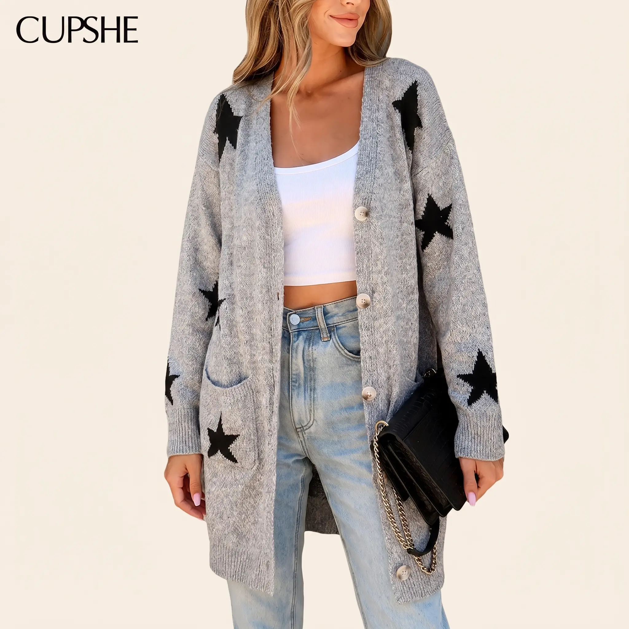 CUPSHE Women's Cardigan Star Print Cardigan Sweater Casual Button Front Long Sleeve Knitwear for Fall Winter Layering, Womenswear Tops