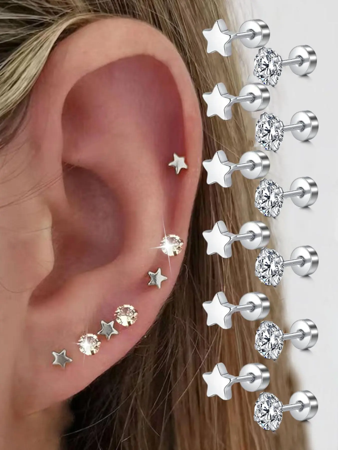 6 Pairs/Set Star Artificial Zirconia Decor Stud Earrings Elegant Minimalist Earrings for Women & Girls, Earring Stacking Set, Hypoallergenic Stainless Steel Inlaid Sparkling Zirconia Ear Studs, Stud Earrings Jewelry, Shining Earrings, Ear Accessories