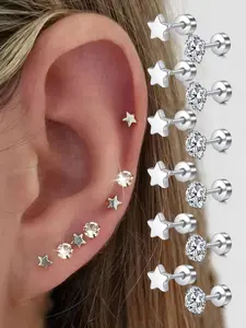 6 Pairs/Set Star Artificial Zirconia Decor Stud Earrings Elegant Minimalist Earrings for Women & Girls, Stainless Steel Inlaid Artificial Zirconia Ear Studs