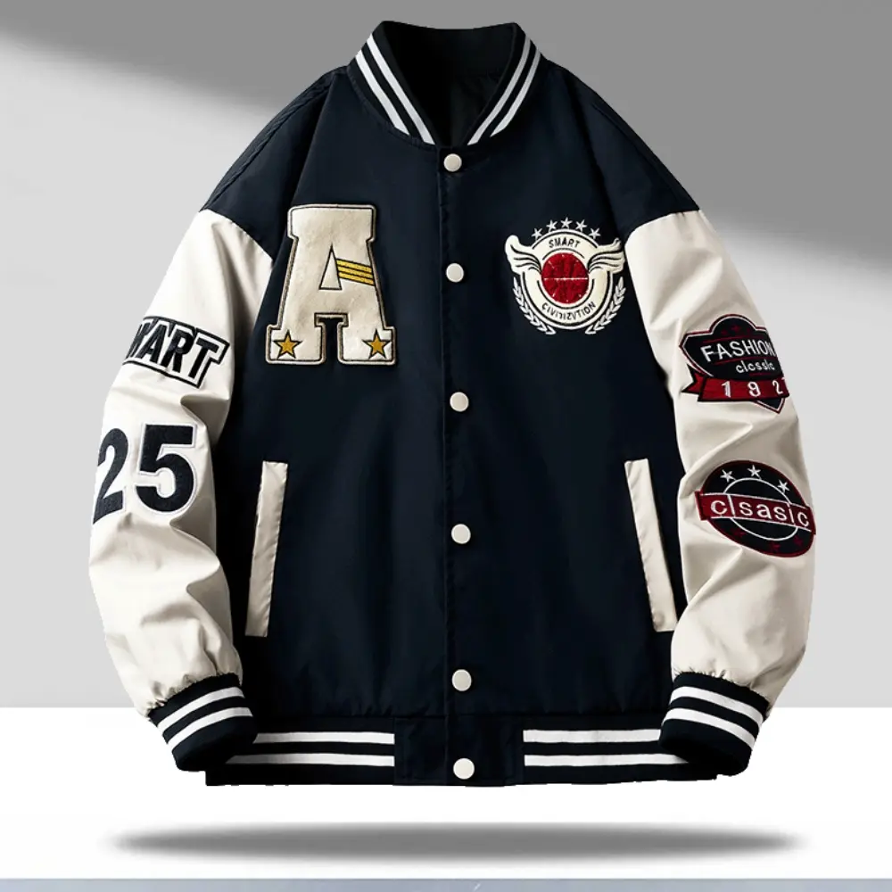 Color-block embroidered baseball jacket, American retro street style, 3D letter fabric patch embellishments, ribbed stripes at the collar, sleeve cuffs, and hem, casual streetwear for young men—loose drop-shoulder fit, versatile everyday outerwear for goi