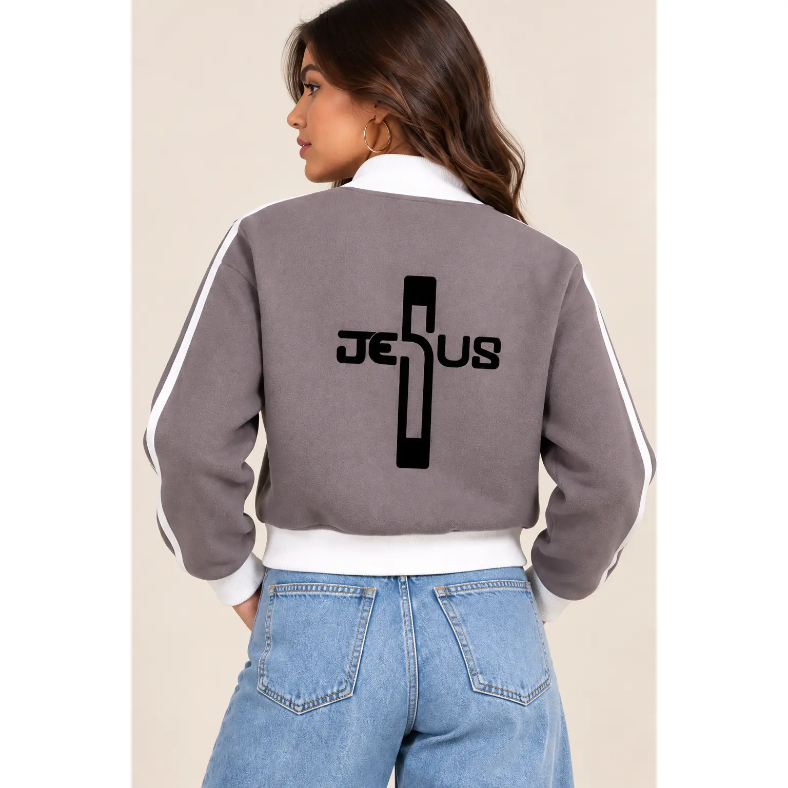 Jesus Contrast Side Stripe Fleece Cropped Track Jacket