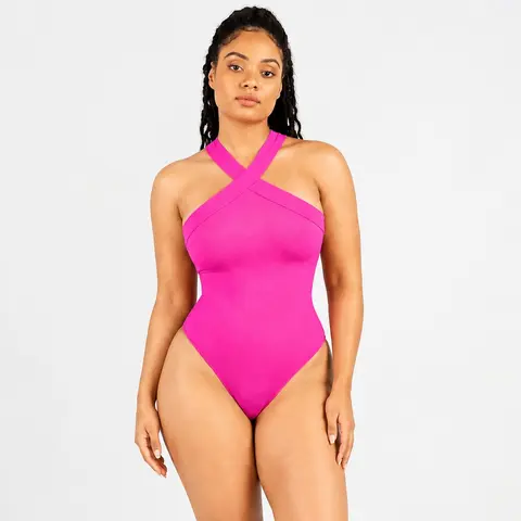 Soo Slick Snap Women's Fitted Tummy Control Bodysuit - Crisscross Halter Shapewear, High Compression, Bust-Lift No Wire, Seamless Sculpting, Sleeveless Minimalist, Lightweight Basics, Cheeky Thong, Sexy Fashion Cute Pink Underwear