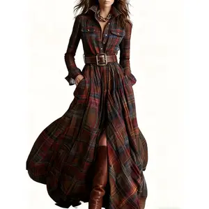 Women's French Vintage Plaid Maxi Dress - Slim-Fitting H-Line Asymmetrical Collar & Long Sleeve A-Line Skirt with Brown/Beige/Black/White Tartan, Machine Washable Elegant Shirt for Weddings, Parties Casual Fabric