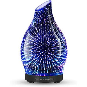 120ML Essential Oil Diffuser, 3D Glass Aromatherapy Diffuser with Auto Shut-Off and 7 Color LED Lights, Ultrasonic Mist Humidifier with 4 Timer for Home Office Bedroom (3D Fireworks)