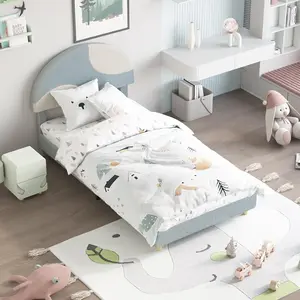 Round Boucle Headboard Bed Frame, Soft Arch-Shaped Upholstered Design, Modern Kids Bed with Wooden Slats Support, No Box Spring Required, Easy Assembly