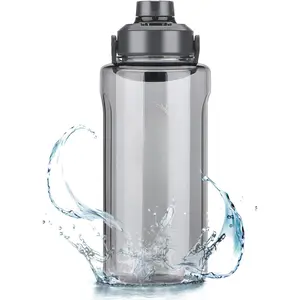 Half Gallon/64oz Water Bottle With Handle, Leak proof with removable strainer, BPA Free Fitness 2L Sports Water Jug, ensure You Drink Enough Water Daily for Gym and Outdoor Sports(Grey)