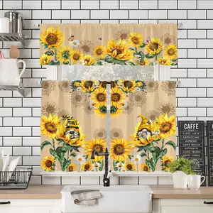 Sunflower Pattern Short Curtain, 3 Counts/set Including 1 Count Short Curtain and 2 Counts Valance, Kitchen Decorative Curtain, Home Decor