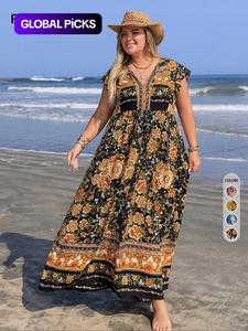 【plus size】 floral print v neck maxi dress, boho fashion casual short sleeve dress for daily holiday vacation wear, bohemian women clothing for all seasons