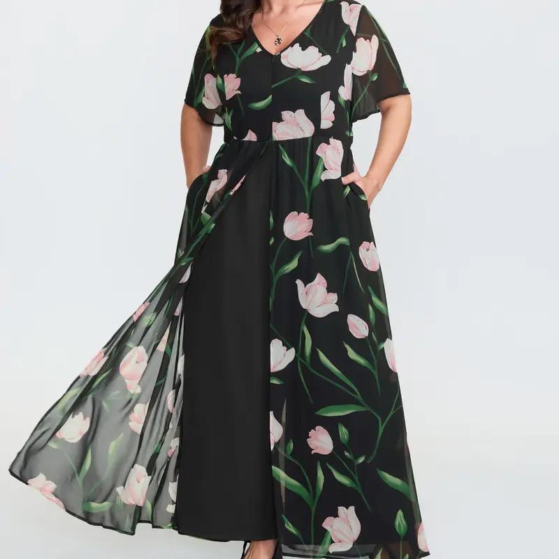 BloomChic Women's Plus Size Boho Floral Tie-Front V-Neck Wide-Sleeve Low-Iron Polyester Blend Summer Overalls with Pockets, Curvy Fit Blackflower Boho Clothes Jumpsuit for Women
