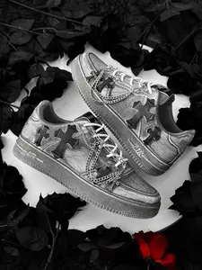 Men's Vintage Metal Chain Cross Sneakers,Size Up by One Size Recommended， Trendy Comfortable Versatile Dark Style, Perfect for Daily and Fashion Scenes