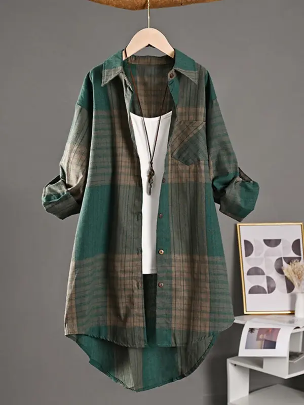 Elegant Casual Retro Mid-Length Plaid Shirt for Women, New Fashion Long Sleeve Loose Fit Striped Blouse, Stylish Ladies' Top