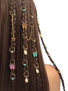 20pcs Colorful Butterfly & Seashell Hair Rings, Faux Turquoise Beads, Layered Adjustable Alloy Cuffs, Nautical Boho Bohemian Versatile Women Braids Hair Jewelry