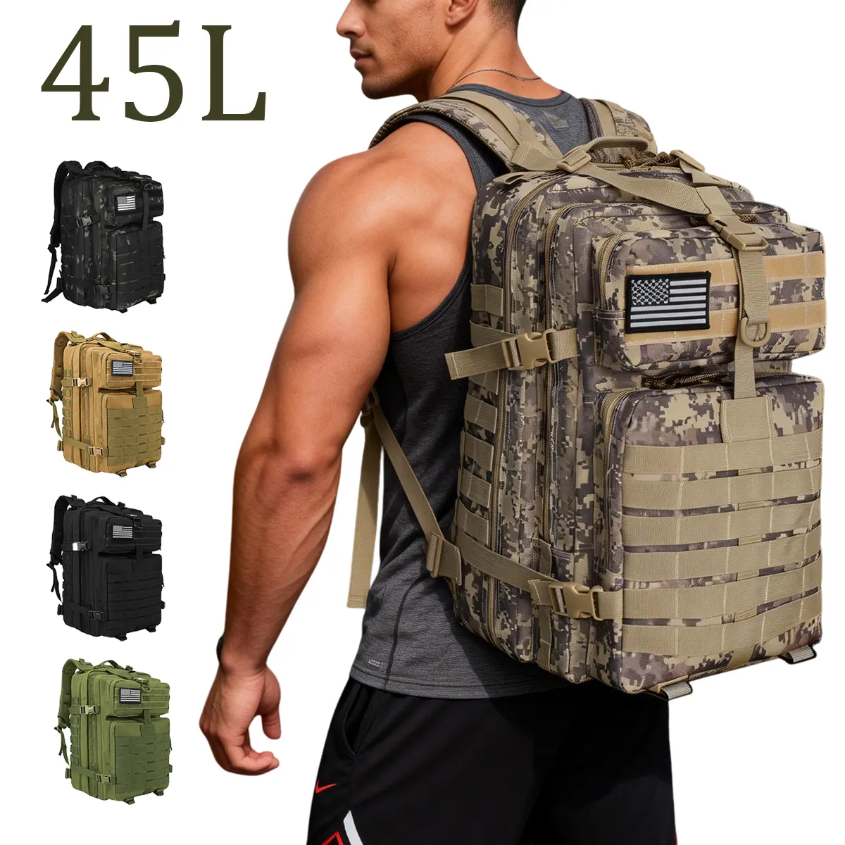 Wolt 45L Tactical Laptop Backpack for Men, Rugged Military Waterproof Assault Pack with Padded Tech Compartment, Multi-Pocket MOLLE Bag (Tactical Gear, Black, Carry On, Adjustable Multi-Compartment, Travel) for Work & School, Travel Backpacks