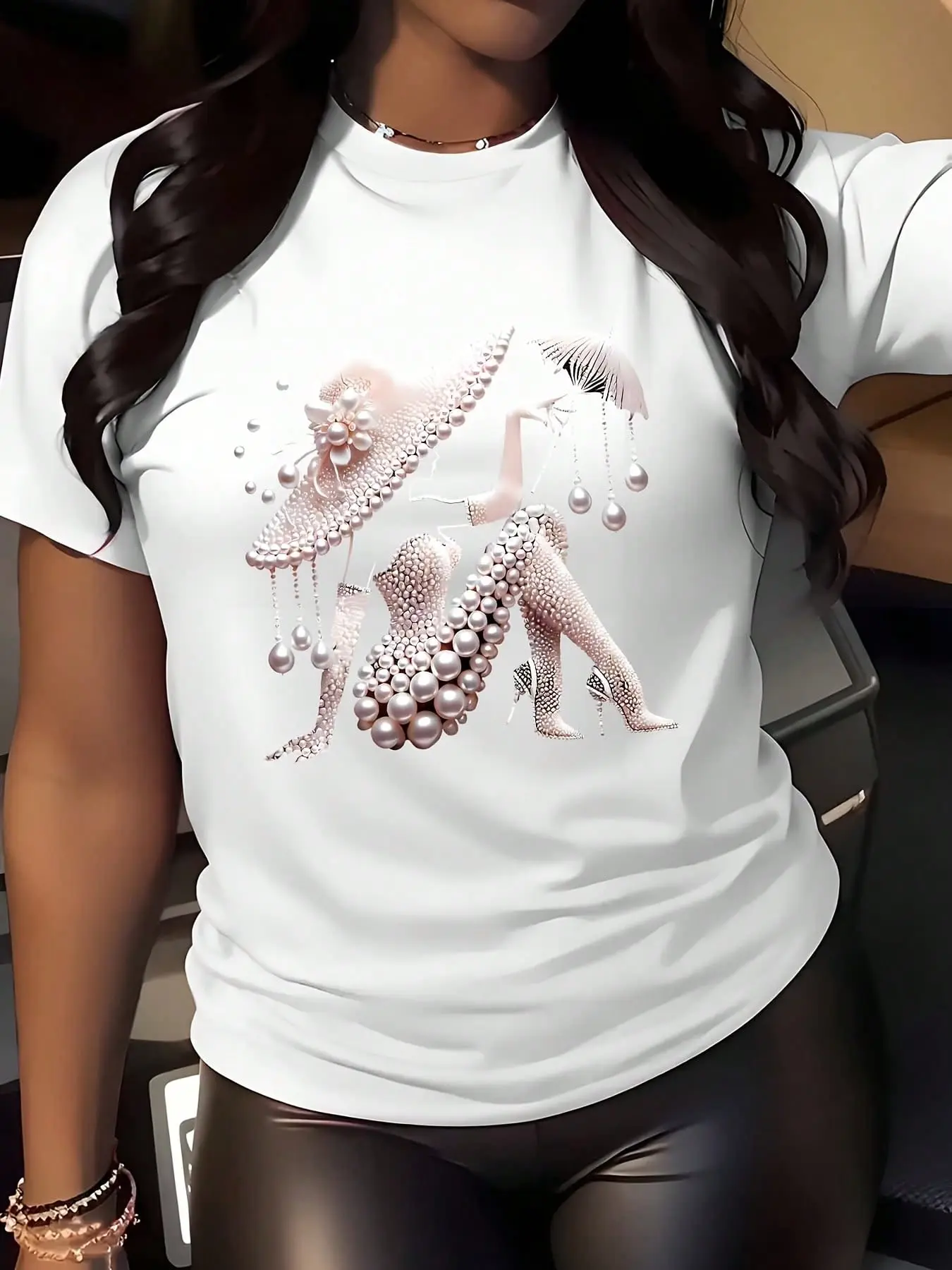 Women's Pearl & Rhinestone Sequin Geometric Print T-Shirt - Sparkly Casual Short Sleeve Round Neck Top For Festive Holiday Party Wear, Spring/Summer Machine Washable Regular Fit Tee, Spring Summer Apparel |     Flowing Silhouette Design |     Stretchy Fab