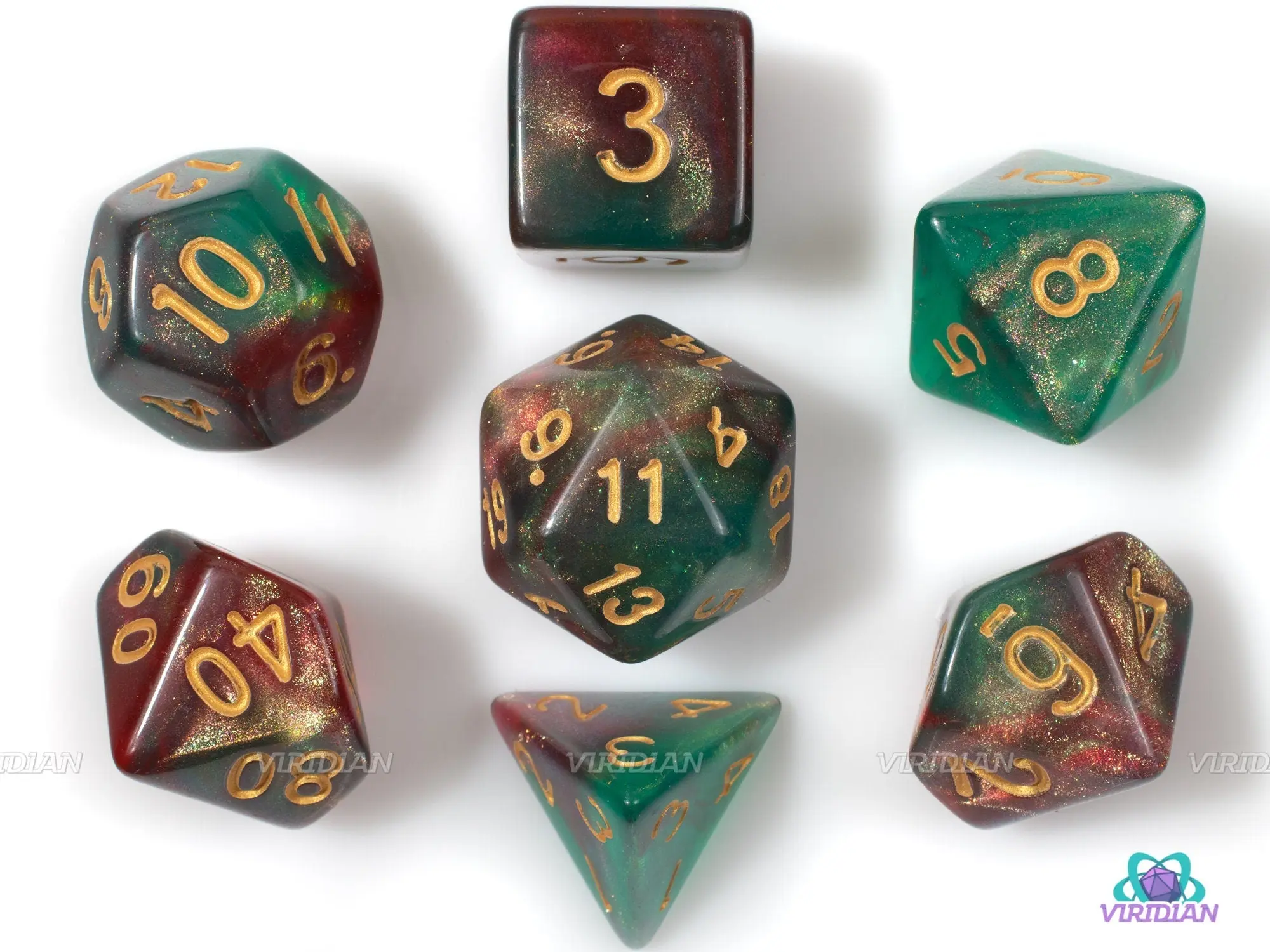 Elven Dreams | Green, Gold, Clear & Red Glitter Acrylic Dice Set (7) | Dungeons and Dragons (DnD)