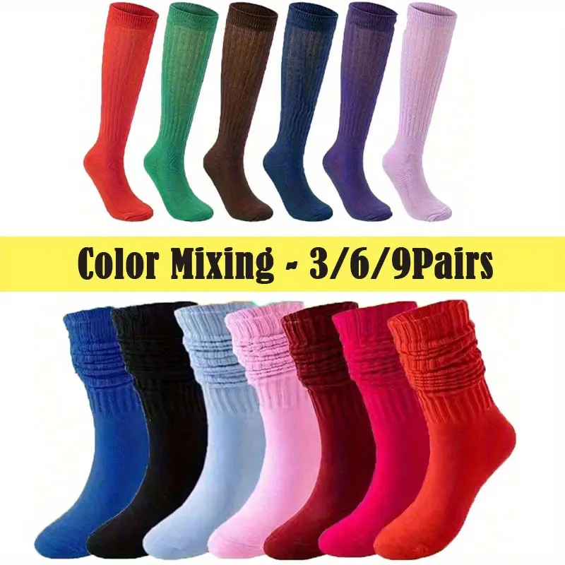 Women's Basic Solid Color Velvet Over-the-Calf Socks - 3/6/9 Pairs, Padded Arches, One Size Fits, Simple Look, Soft Undergarments for Daily Use & Winter Gifting