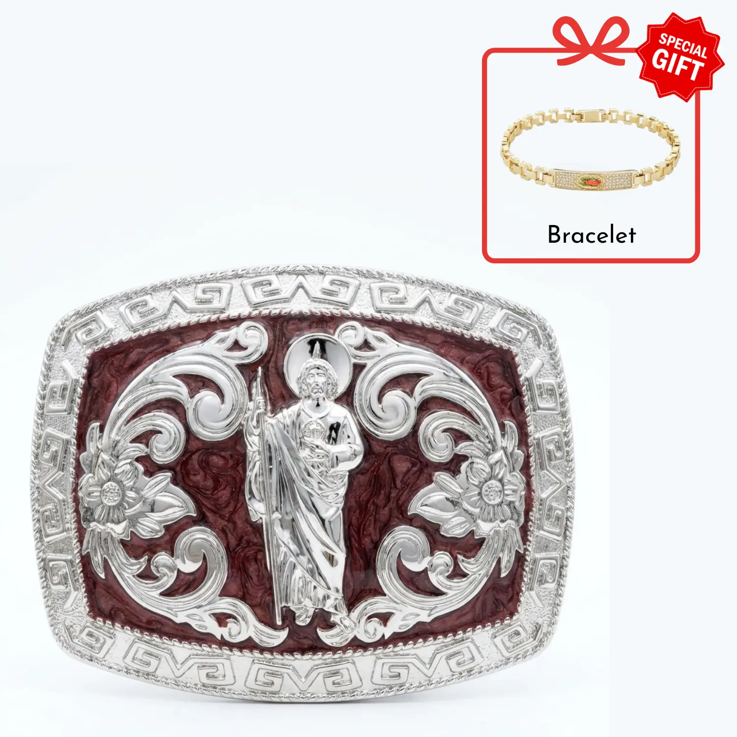 San Judas Tadeo Belt Buckle - Hebilla de San Juditas, Silver Western Cowboy Rodeo Style, Maroon Background, Mexican Religious Jewelry for Men