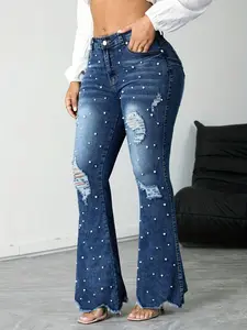Women's Pearl Ripped Bell Bottom Jeans Pants, Vintage Frayed Hem, Slight Stretch, Slim Fit, Fashionable All-Season Denim Jeans