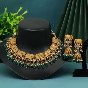 Rajwadi Elephant Necklace with Matte Gold Finish, Elegant Design, Includes Decorative Beads, Perfect for Special Occasions