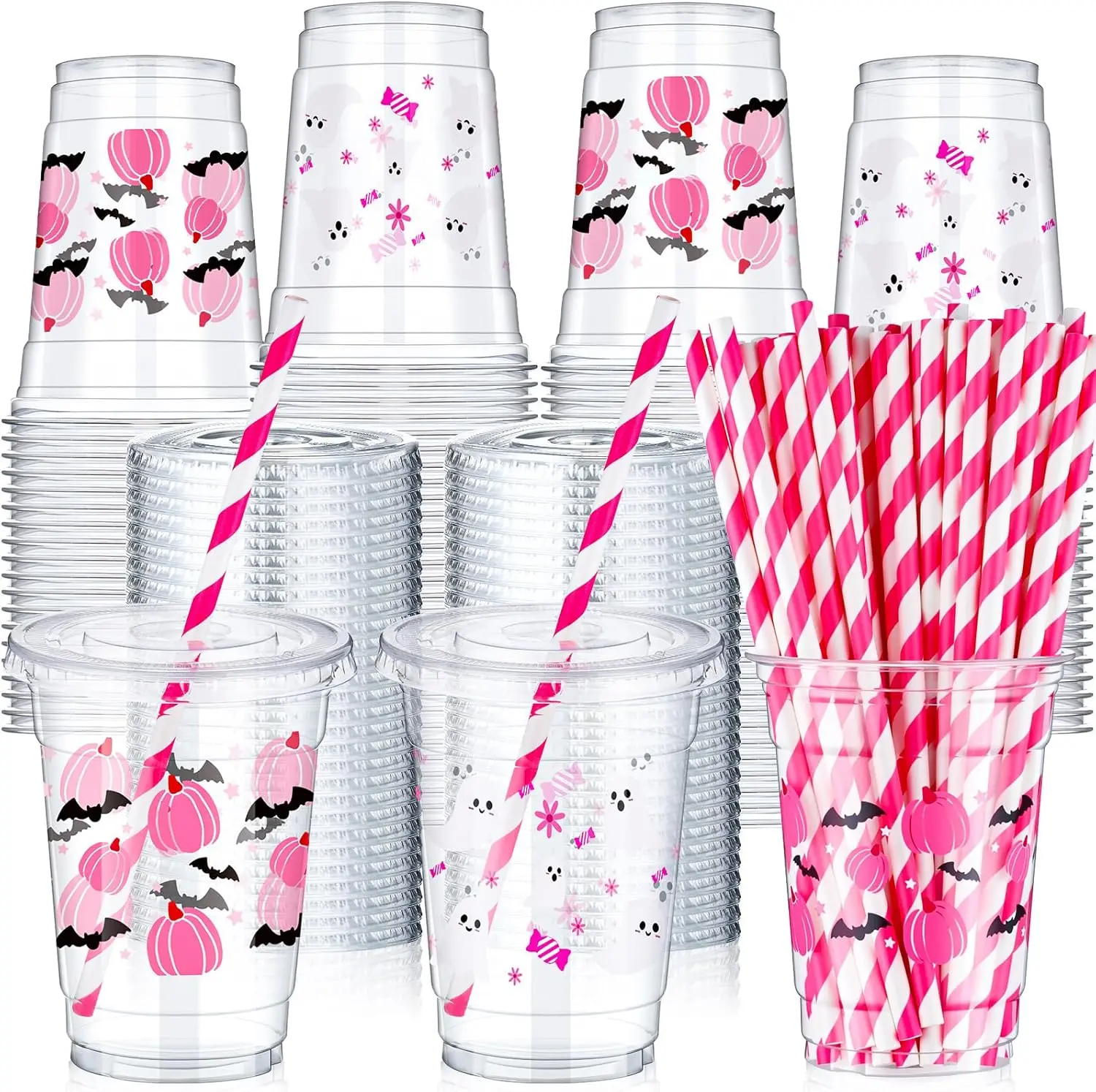 Halloween Fall Gift 300 Pcs 12 oz Halloween Plastic Cups with Lids and Straw Halloween Plastic Cup Disposable Clear Tumbler Whiskey Tumbler Pink Pumpkin Ghost Bat Witch Drinking Set for Party Supply