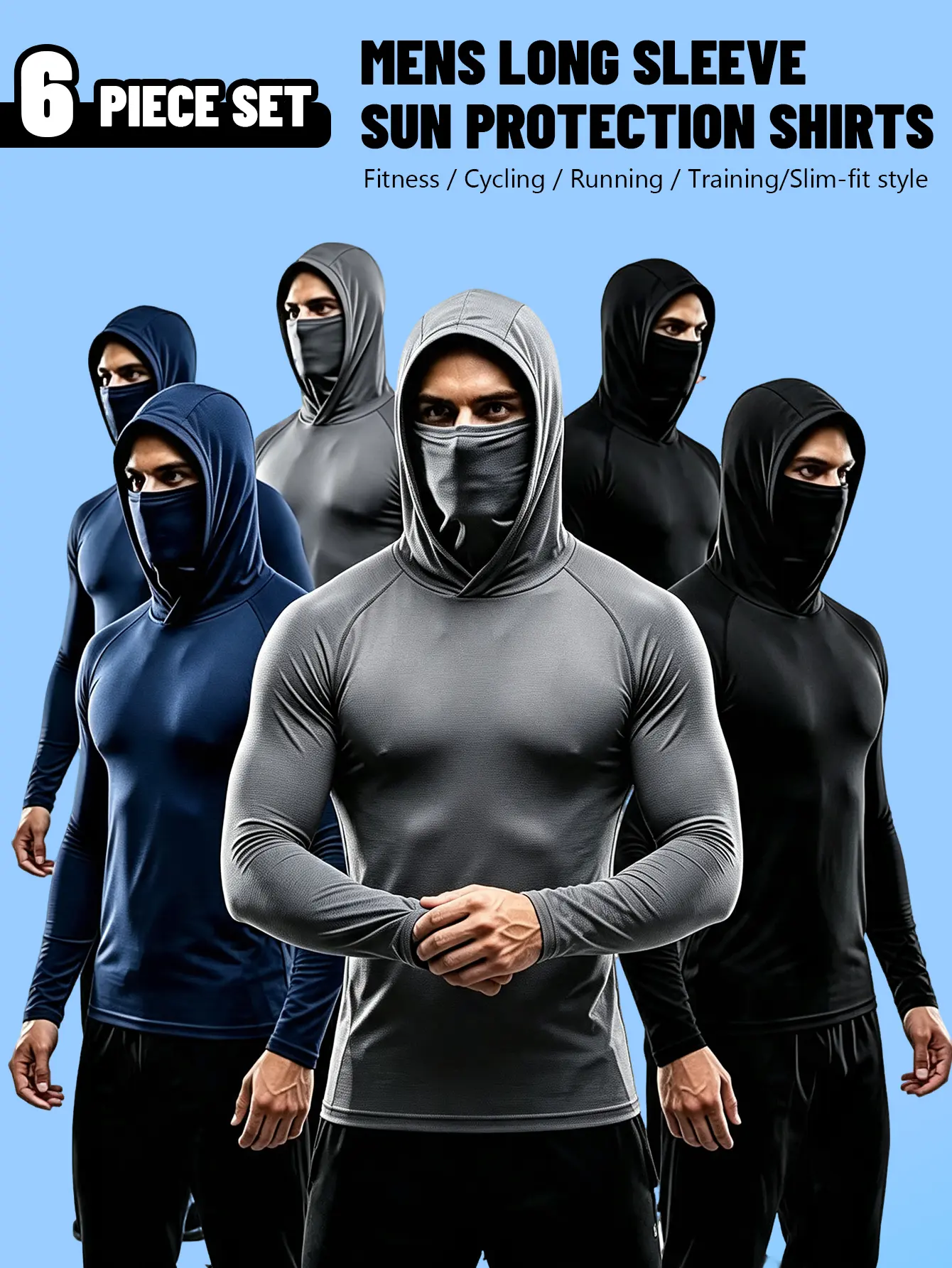 6-Pack Men's Workwear Hoodie with Built-in Face Mask, UPF 50+ Sun Protection Construction Work Shirt, Quick Dry Dust-Proof Long Sleeve Fishing Lawn Care Tops mask hoodie for work, sun protection workwear, 6 pack work shirts, breathable work hoodie