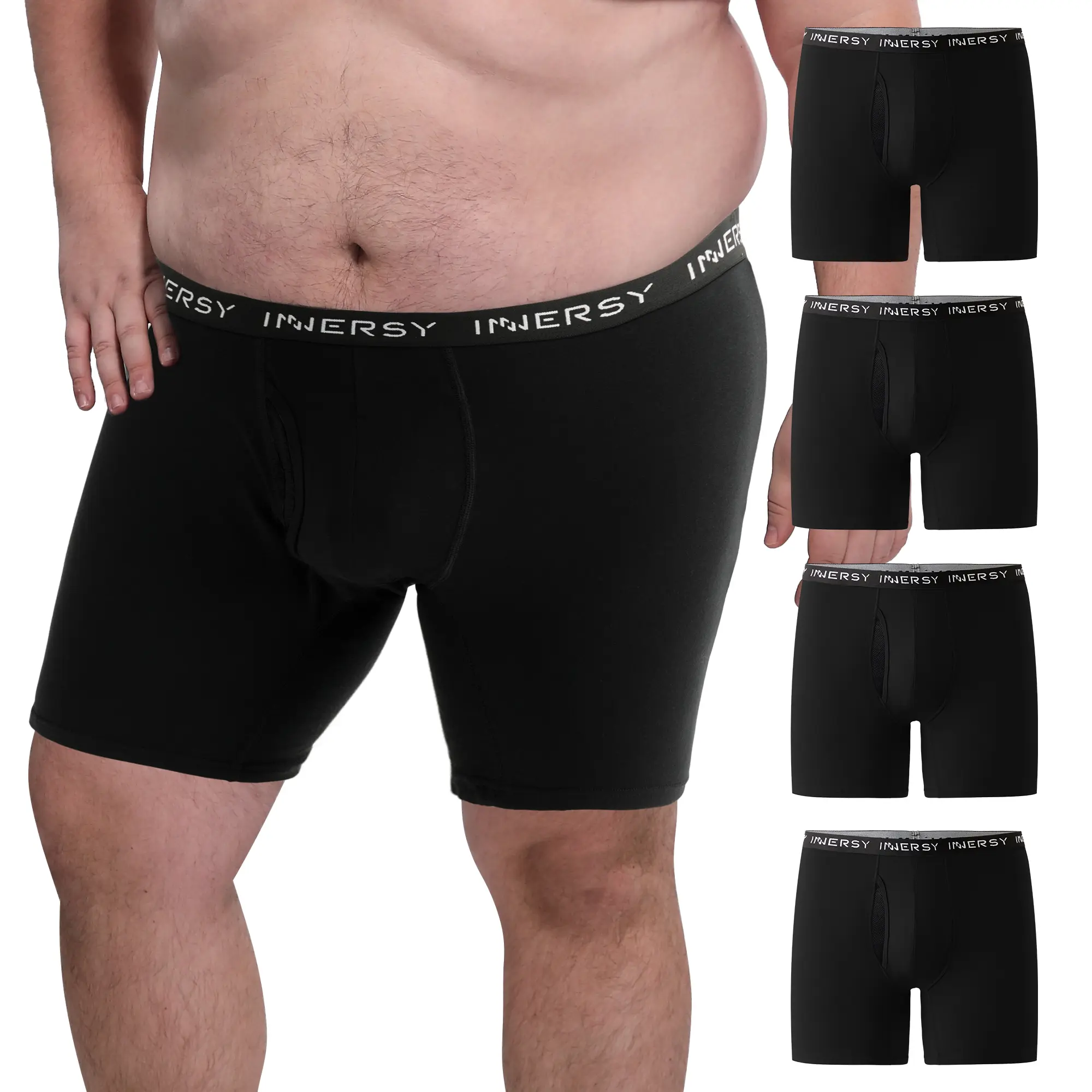 INNERSY Men's Cotton Plus-Size (XL-6XL) 4-Pack Boxer Briefs - Fabrics, Elastic, Loose, Mesh, Casual Breathable Underwear, Plussize, 95% Cotton Men's Boxer Briefs Polyester Day