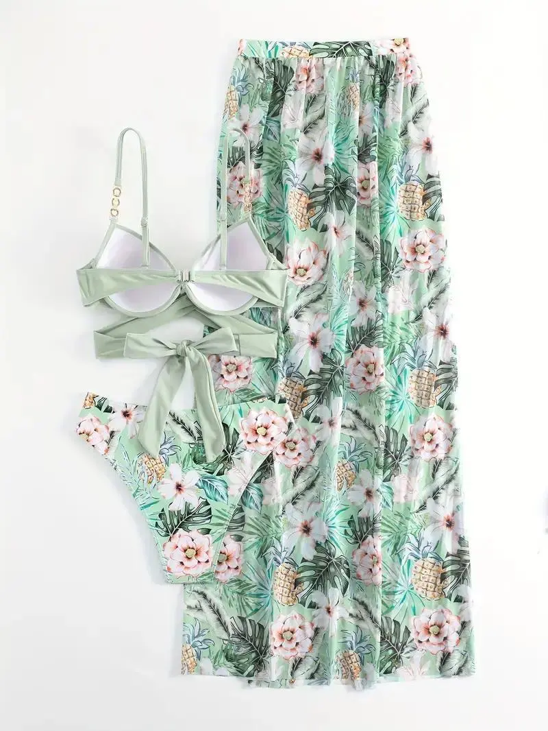 3-Piece Polyester Tropical Pineapple Print Beach Bikini Set - Bow Front Top, High-Stretch Open Back, Maxi Skirt Cover Up, Floral Print Bathing Suit, Beach Bikinis, Floral Print Bikini