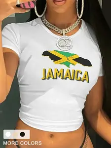 Women's Cartoon Jamaica Flag Print Round Neck Tee, Fashion Casual Crew Neck T-shirt for Daily Holiday Vacation Outdoor Wear, Ladies Clothes for Summer, Top