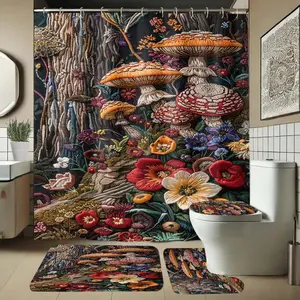 1/4 piece mushroom flower design bathroom set, including soft floor mat, toilet seat cushion, shower curtain, creating elegant decoration, home decor, floor mat with good rebound, water absorption, anti slip, preferred for gift giving