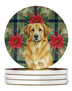 Carolines Treasures WDK8698RCS4 4 x 4 in. Lion Yellow Leonberger Christmas Poinsettias Large Sandstone Coasters, Pack of 4