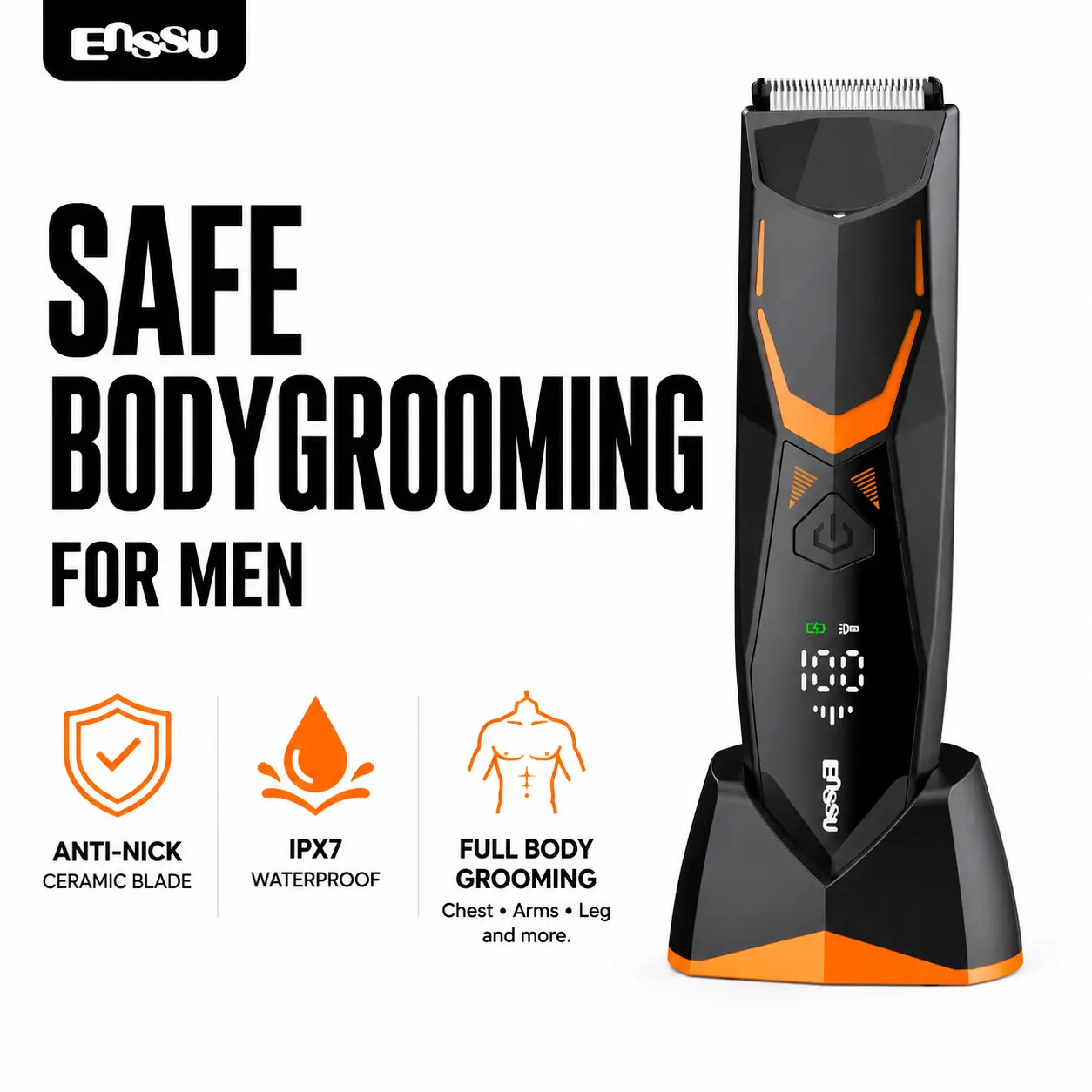 Enssu Pro Electric Men's Hair Removal Trimmer - Waterproof Pubic & Body Groomer, Type-C Rechargeable Cordless Shaver with Ceramic Blades, Wet/Dry Precision Grooming for Smooth Skin