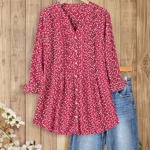 SageVell Red Floral V-Neck Shirt Front Pleated Design Long Sleeve Button Down Elegant Top for Office & Casual Wear