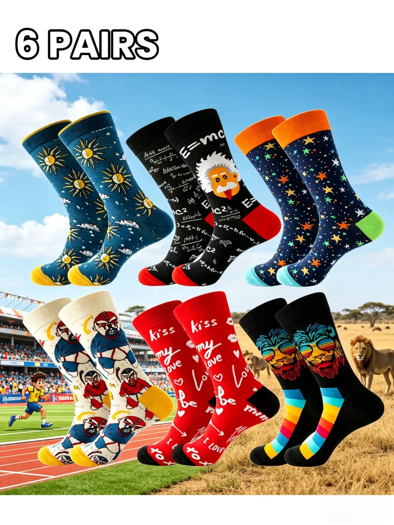 6 Pairs Creative Mid-Calf Socks, Trendy Multi-Element Design, High Elasticity, Breathable, Durable, Fits Various, Great Value!