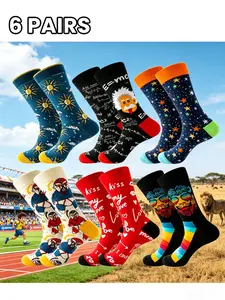 6 Pairs Creative Mid-Calf Socks, Trendy Multi-Element Design, High Elasticity, Breathable, Durable, Fits Various, Great Value!
