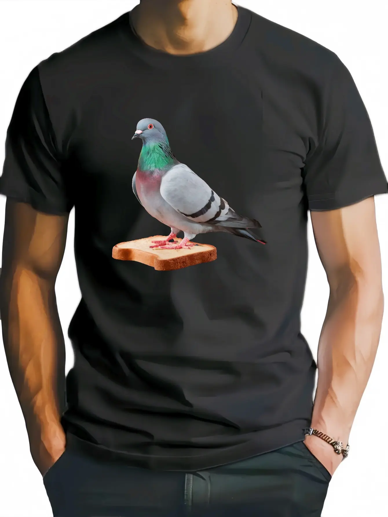 Men'S Casual Crew Neck T-Shirt with Pigeon on Toast Print Summer Short Sleeve Knit Polyester Tee, Reqular Fit, Slight Stretch,Geometric Pattern,100% Polyester-
