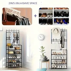 Coat&Shoe&Hat Standing Rack,Multi Functional Shoe And Jacket Metal Frame -60cm, Detachable Hooks, Multiple Layers,Free Standing Storage For Homes And Apartments.