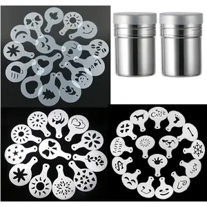 44 Coffee Stencils and 2 Mesh Powder Shakers Coffee Decoration Stencils Coffee Art Templates Mold Tool for Christmas Thanksgiving Cake Coffee