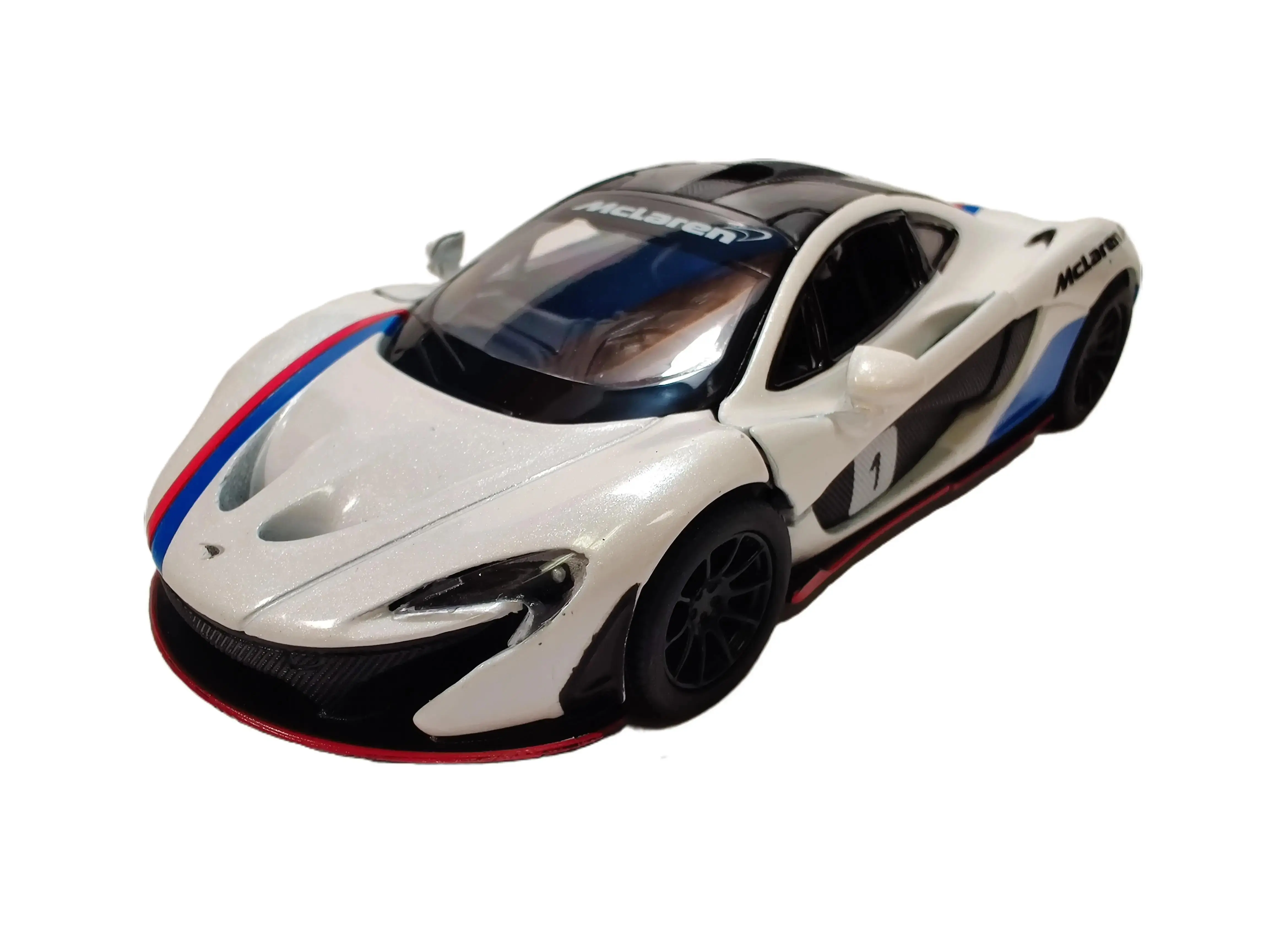 KINSMART 1:36 Scale McLaren P1 Die-Cast Model Car White with Blue & Red Stripes Pull Back & Go Action Openable Doors Collectible Toy