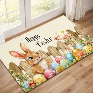 Happy Easter Bunny and Egg Welcome Doormat | Cute Floral Texture Design, Non-Slip, Machine Washable Polyester Mat, Suitable for Home Decoration, Perfect for Bedroom, Kitchen, Entryway - Spring Decoration Gift