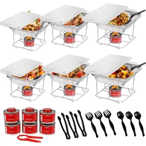 6 Pack Disposable Chafing Dish Buffet Set, Half Size Pans, Welded Body Food Warmers for Parties, Complete Set with Fuel Cans, Warming Trays