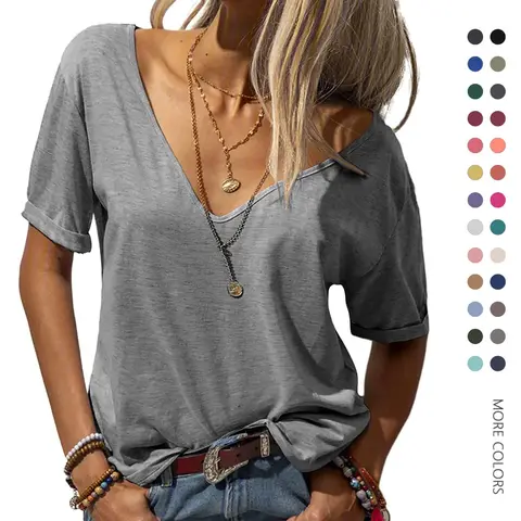 Danedvi Women's Minimalist Open-Collar Deep V-Neck Short-Sleeve Spandex Fabric T-Shirt - Simple Fit, Lightweight Basic Top with Necklace for Summer (Black)