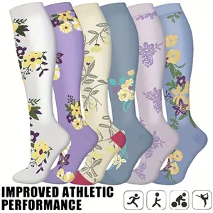 Women's Floral Compression Socks 6 Pairs Breathable Moisture-Wicking Nylon Blend for Sports & Outdoor Activities Elegant Design for Comfort Style
