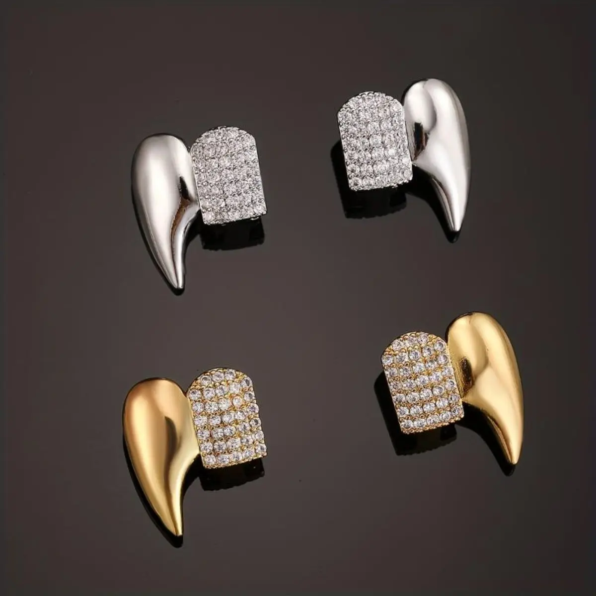 2pcs Hip Hop Double Paved Faceted Synthetic Zirconia Fang Teeth Grills, Punk Ste, 14K Gold Plated, Copper, for Halloween, Peonality Golden Teeth Accessories, Unisex  Oral