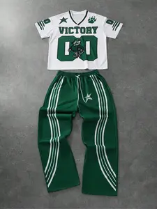 Men's Colorblock Graphic Print Tee & Pants Two-piece Set, Casual Fashion Cozy Breathable Two Piece Outfits for Daily Outdoor Wear, Men Clothes for Summer